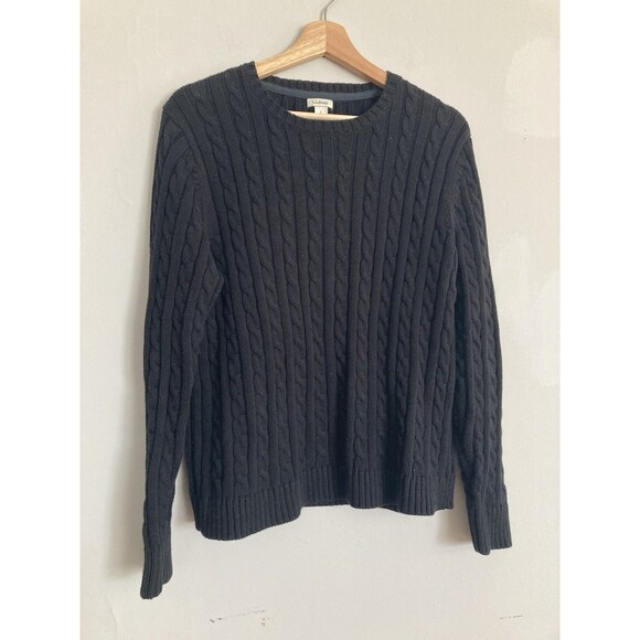 L.L. Bean Cable Knit Sweater LARGE Petite Long Sleeve Black Cotton - Picture 1 of 9